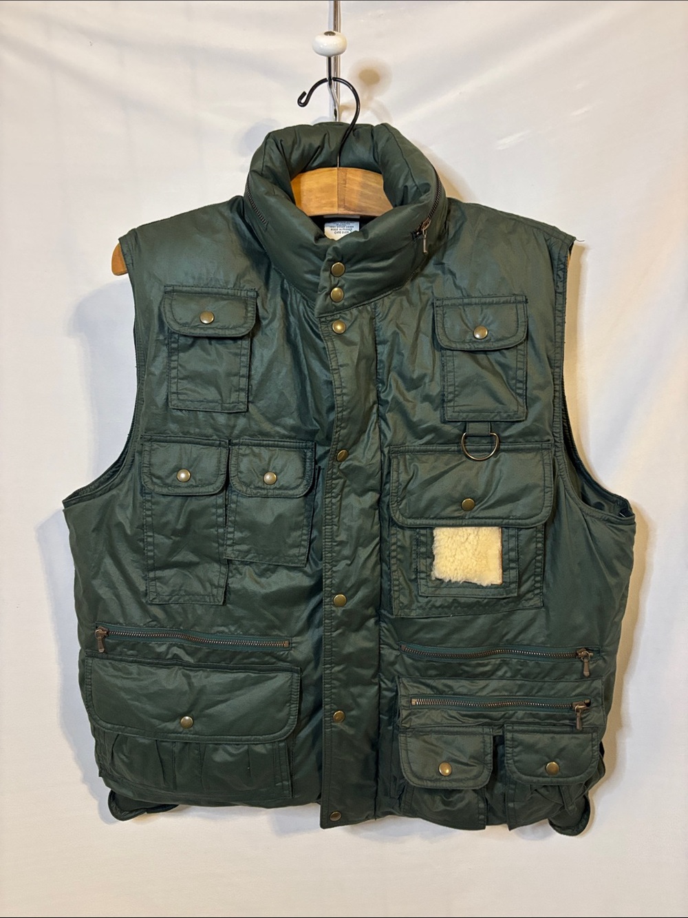 Wathne Vintage Men' Down Green Utility Puffer Fishing Vest Medium Stowaway Hood